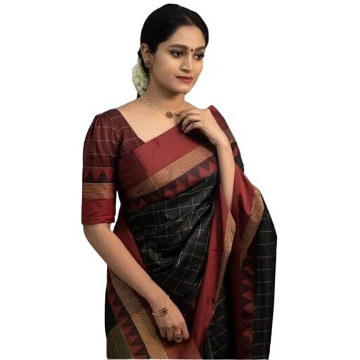 Flosive Women's Kanjivaram Silk Saree With Handloom Weaving Work With Blouse Piece (BLACK)