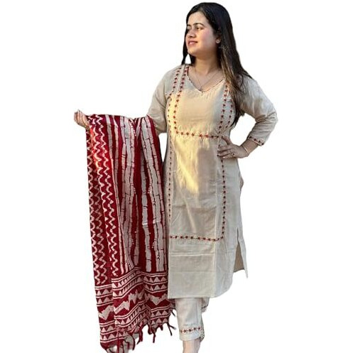 ANNI DESIGNER Women's Cotton Blend Straight Embroidered Kurta with Pant & Dupatta (DD BEIGE-NW_L_Beige_Large)