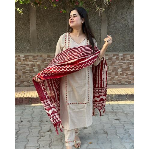 ANNI DESIGNER Women's Cotton Blend Straight Embroidered Kurta with Pant & Dupatta (DD BEIGE-NW_L_Beige_Large)