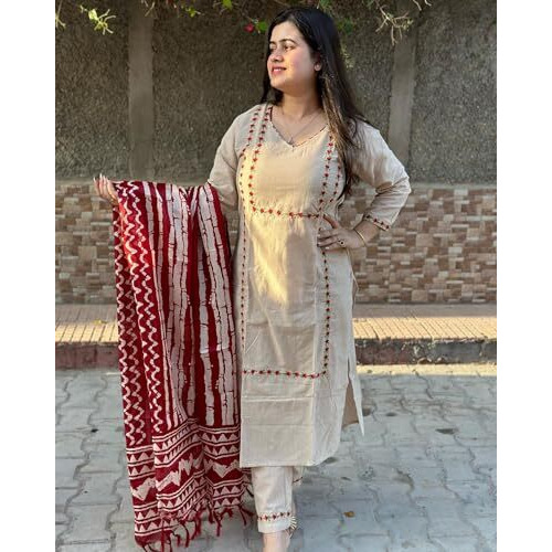 ANNI DESIGNER Women's Cotton Blend Straight Embroidered Kurta with Pant & Dupatta (DD BEIGE-NW_L_Beige_Large)