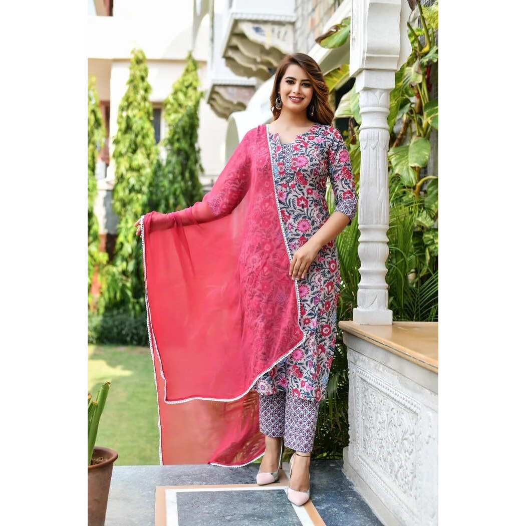 DHRUVI TRENDZ Women Cotton Blend Fancy Kurta Set Regular Fit Printed (DT-K2708&P130_Pink_3XL)