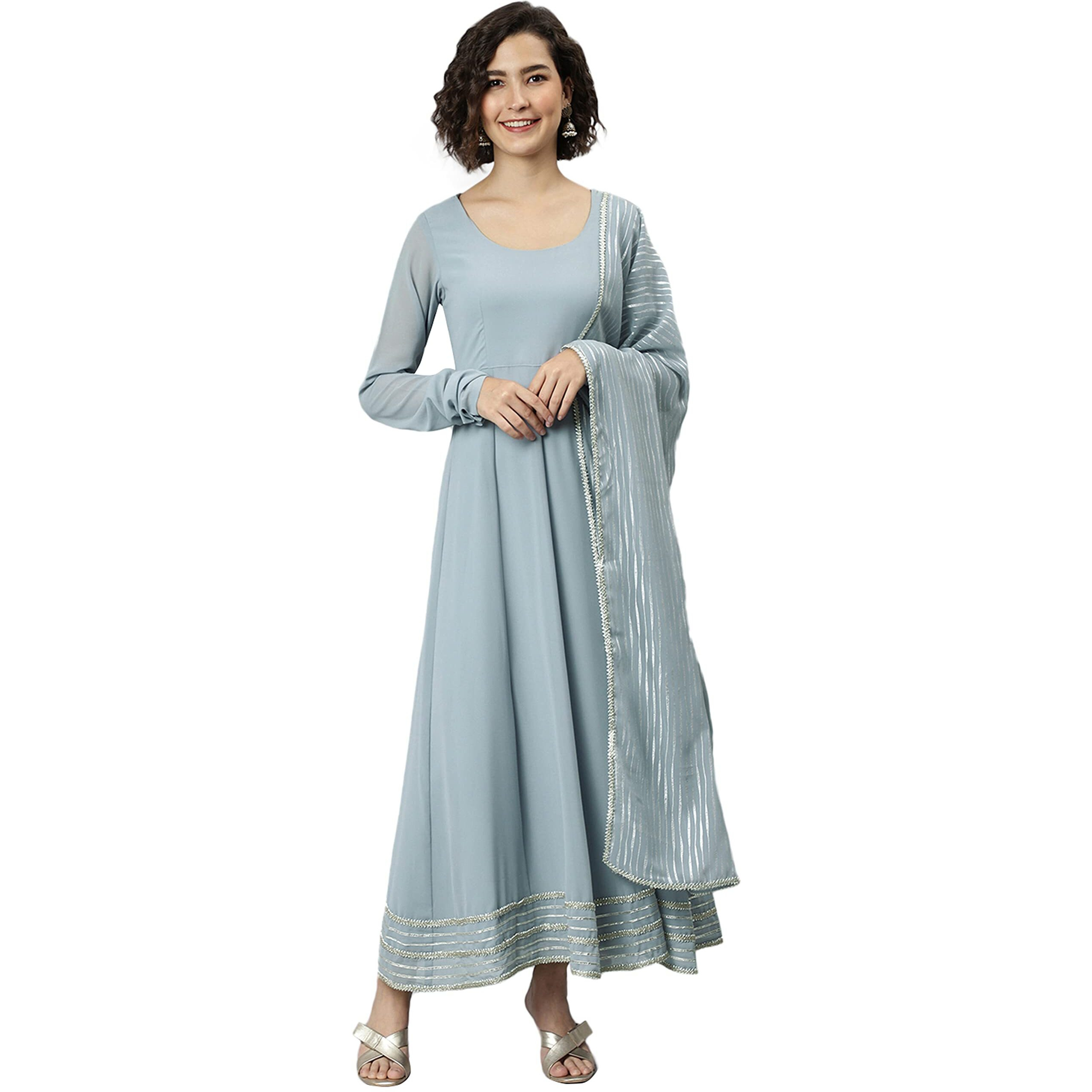 Janasya Women's Grey Poly Georgette Solid Kurta with Dupatta(SET304-KR-DPT-M)