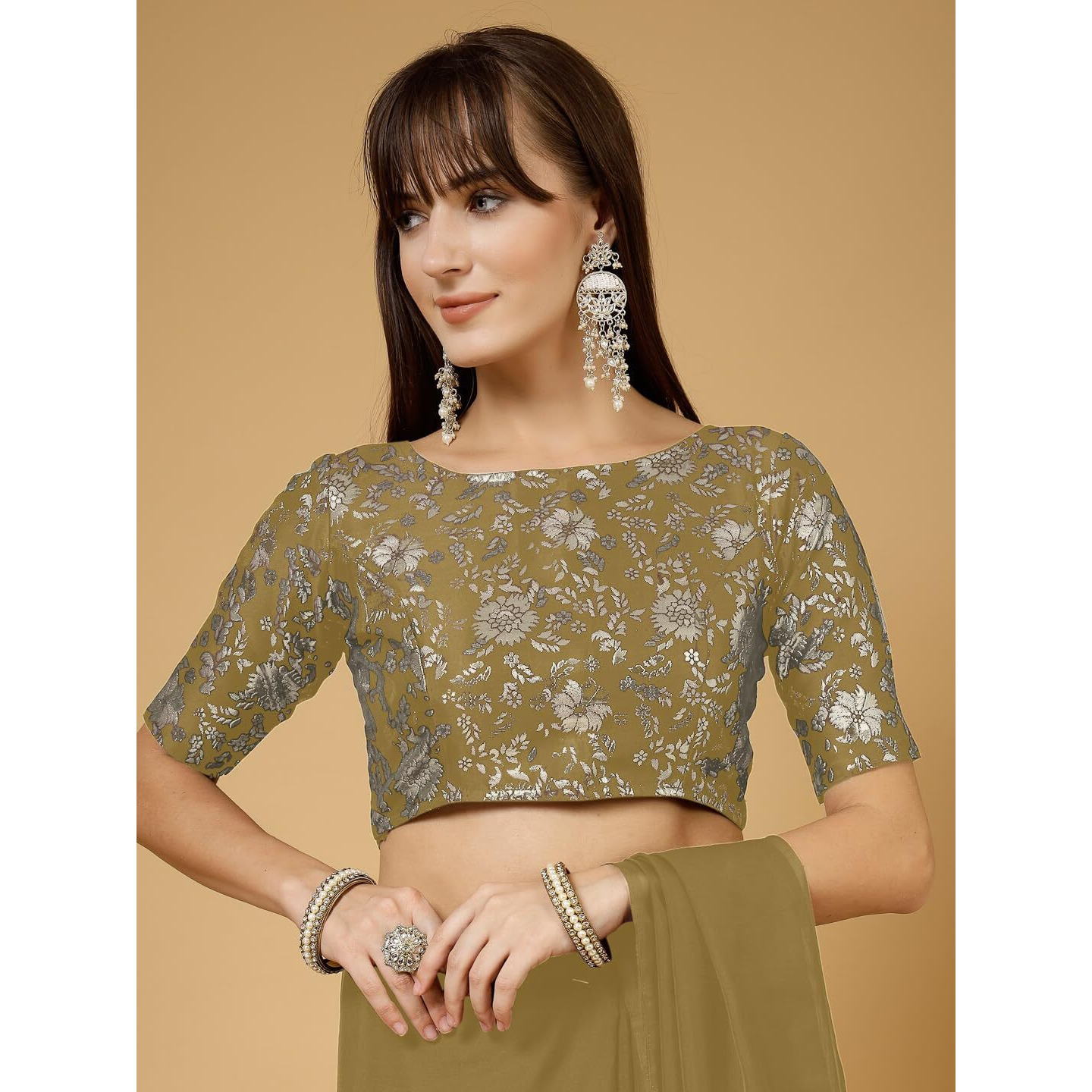 OOMPH Women's Indian Ethnic Wear Designer Self Design Pattern Zari Work Boat Neck Half Sleeve Mehendi Green Color Jacquard Readymade Blouse for Saree or Lehnga and Fusion Twist. L