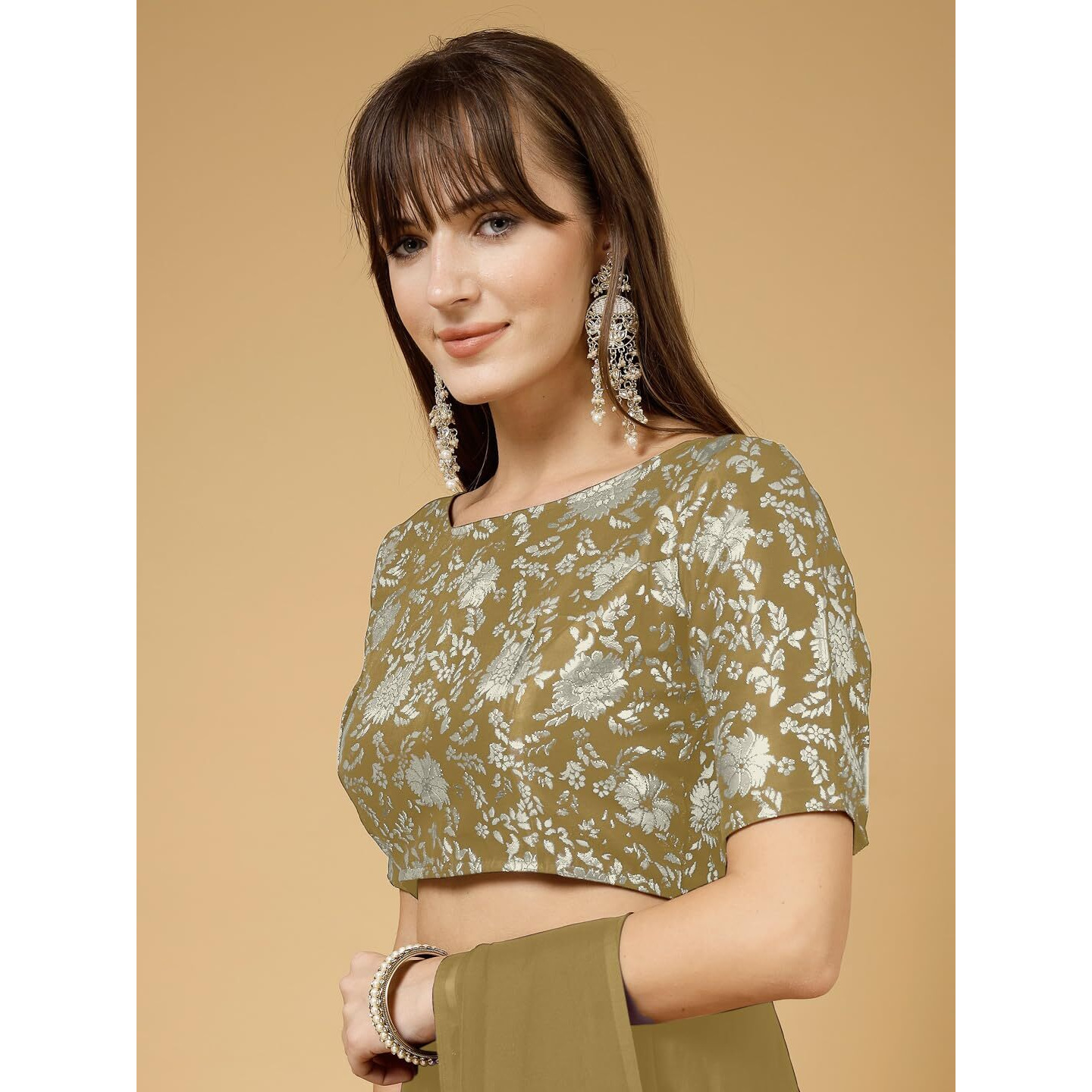 OOMPH Women's Indian Ethnic Wear Designer Self Design Pattern Zari Work Boat Neck Half Sleeve Mehendi Green Color Jacquard Readymade Blouse for Saree or Lehnga and Fusion Twist. L
