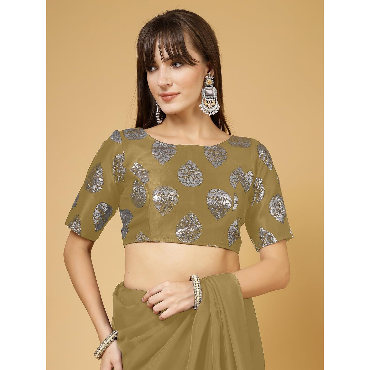 OOMPH Women's Indian Ethnic Wear Designer Big Paisley Pattern Zari Work Boat Neck Half Sleeve Mustard Yellow Color Brocade Readymade Blouse for Saree or Lehnga and Fusion Twist. XL