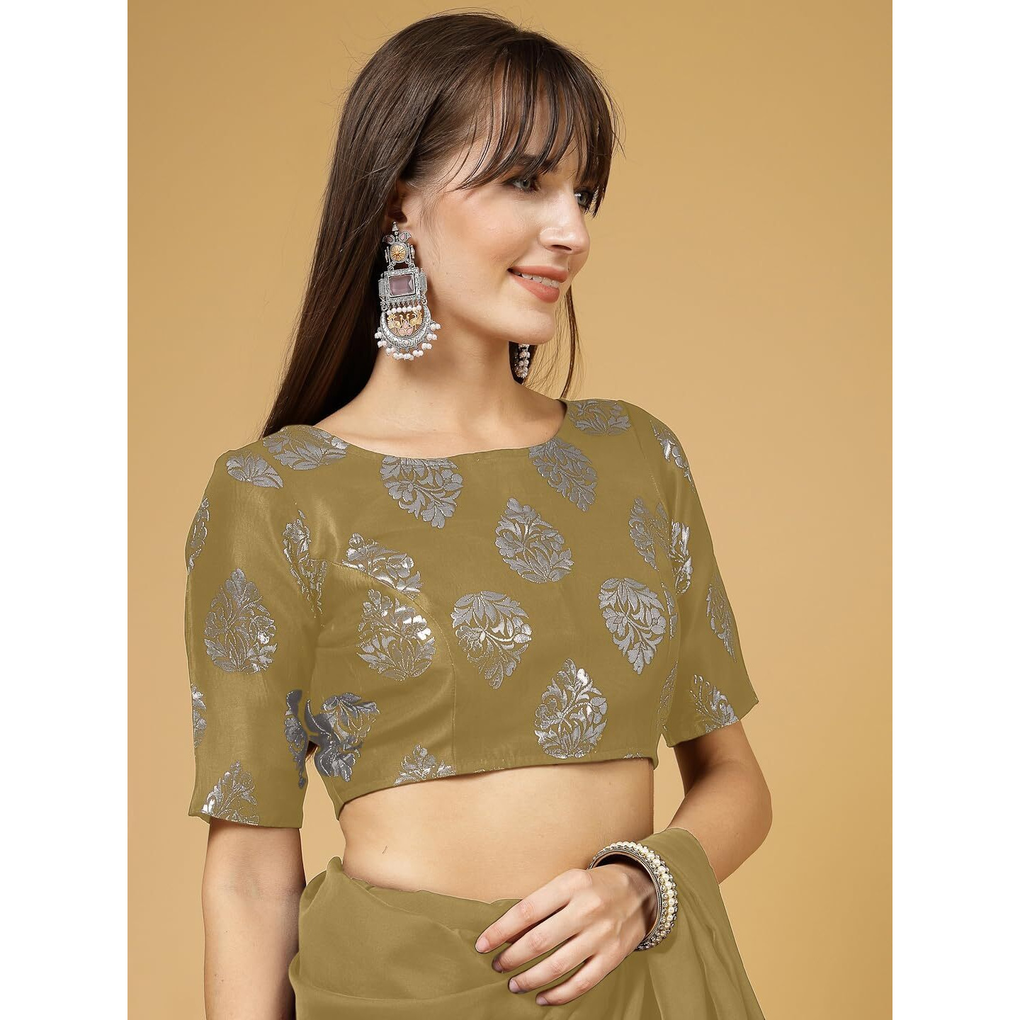 OOMPH Women's Indian Ethnic Wear Designer Big Paisley Pattern Zari Work Boat Neck Half Sleeve Mustard Yellow Color Brocade Readymade Blouse for Saree or Lehnga and Fusion Twist. XL