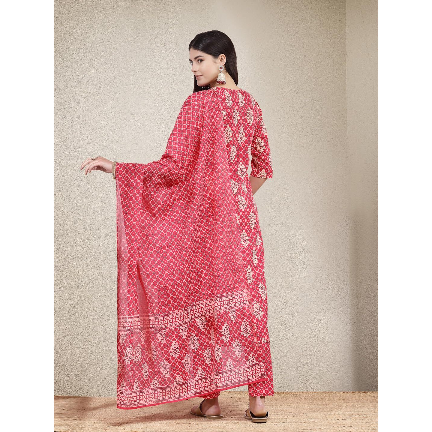Stylum Women's Printed & Embroidered Rayon Straight Kurta Pant Dupatta Set (KPDPINKKOHLI36_Pink, S)