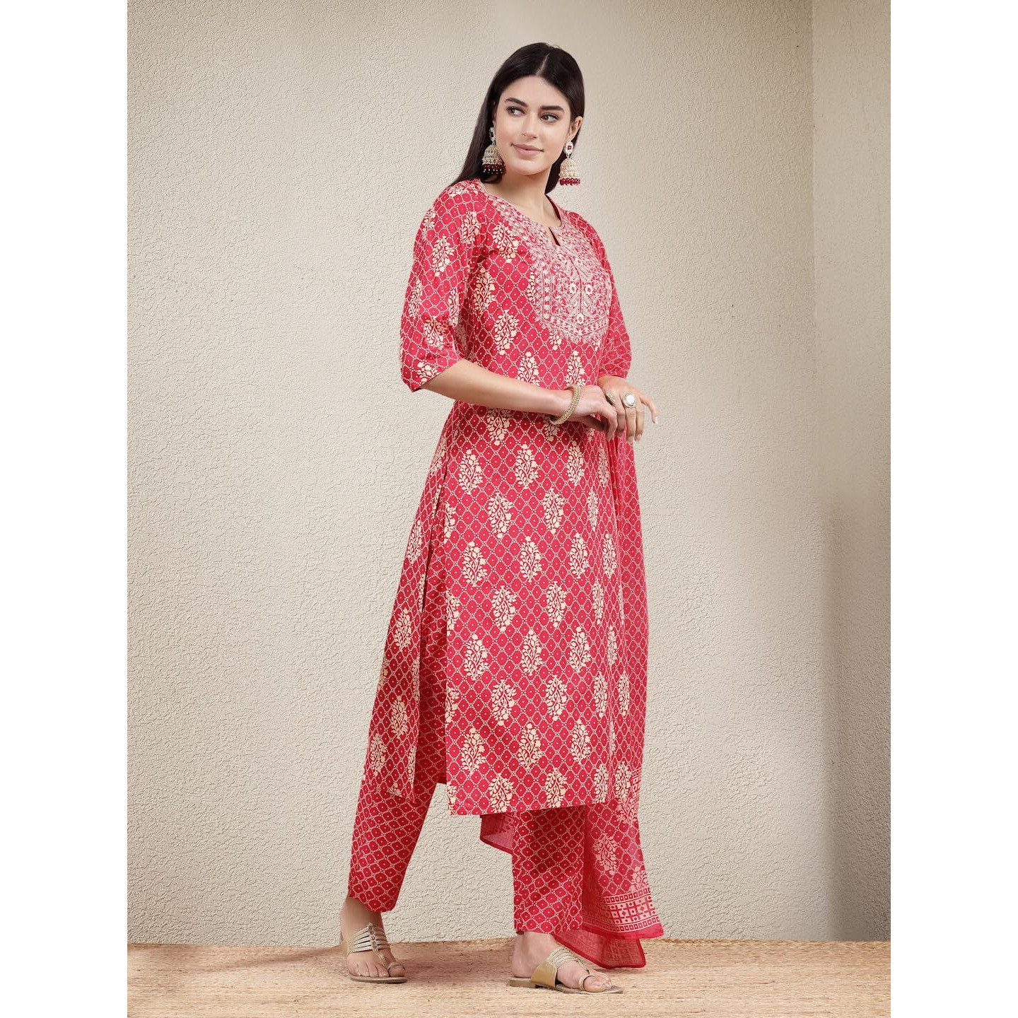 Stylum Women's Printed & Embroidered Rayon Straight Kurta Pant Dupatta Set (KPDPINKKOHLI36_Pink, S)