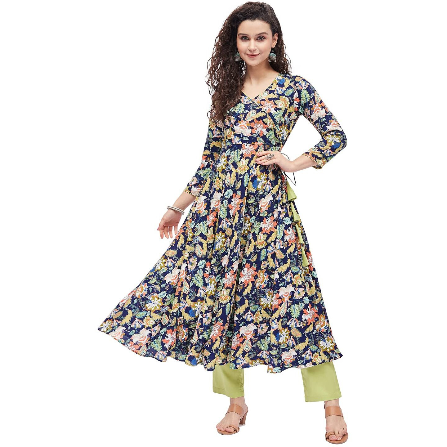 Tissu Women's Rayon Blue & Green Floral Printed Angrakha Kurta 2213_Multi_6XL