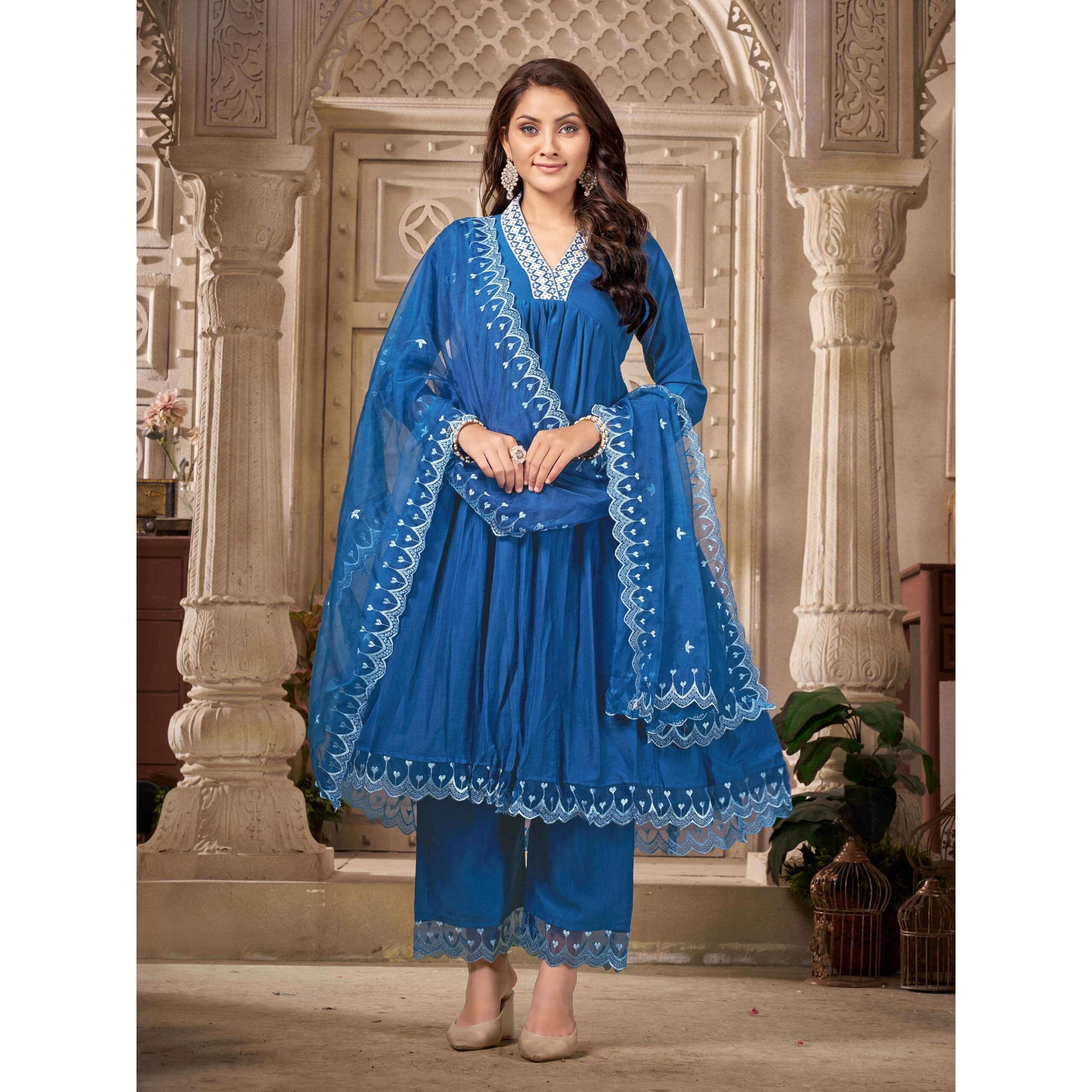 ROYALICA Blue Embroidered Anarkali Kurta Set-women's Silk blend flared embroidery detail anarkali kurta pant & organza dupatta sets. (2XL)
