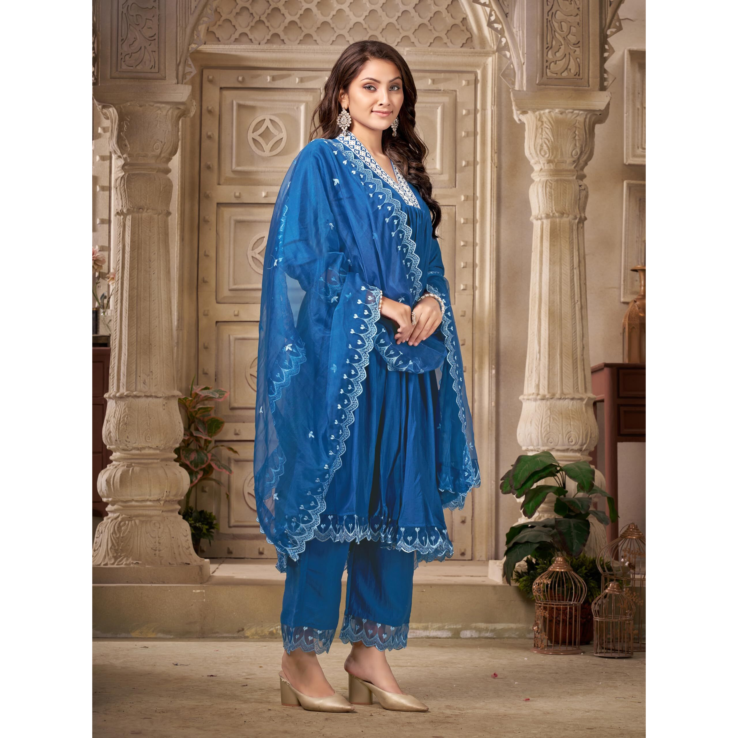 ROYALICA Blue Embroidered Anarkali Kurta Set-women's Silk blend flared embroidery detail anarkali kurta pant & organza dupatta sets. (2XL)