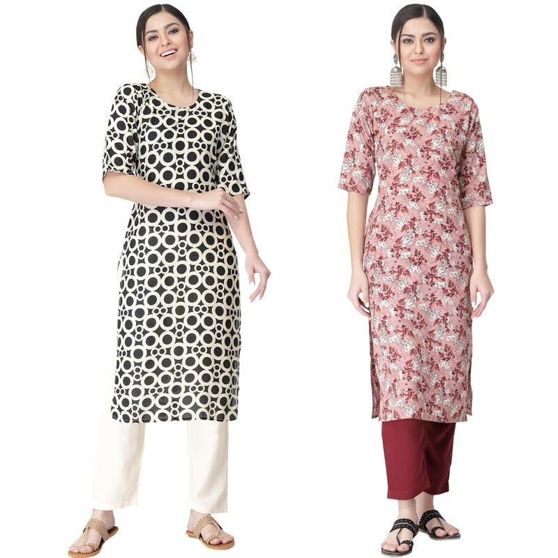 Pinkmint Kurta Set for Women ll Printed Kurti & Pant Set ll Regular Kurta Set ll (Pack of 2) Black-Pink