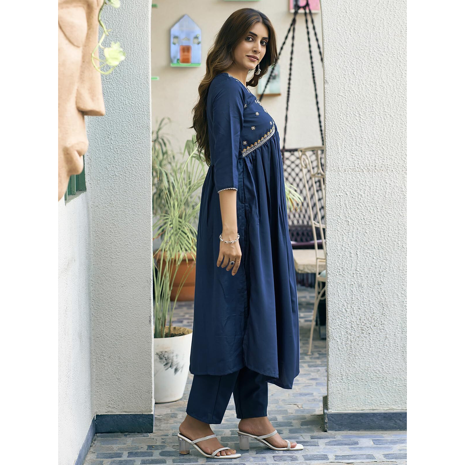 Sanisa Women's Cotton Blend Sequence Embroidery Gota Lace Alia Cut Kurta with Pant and Dupatta Set| Ethnic Set | Suit Set | Kurta Set(206KBD2185N-XXL_Teal Blue)