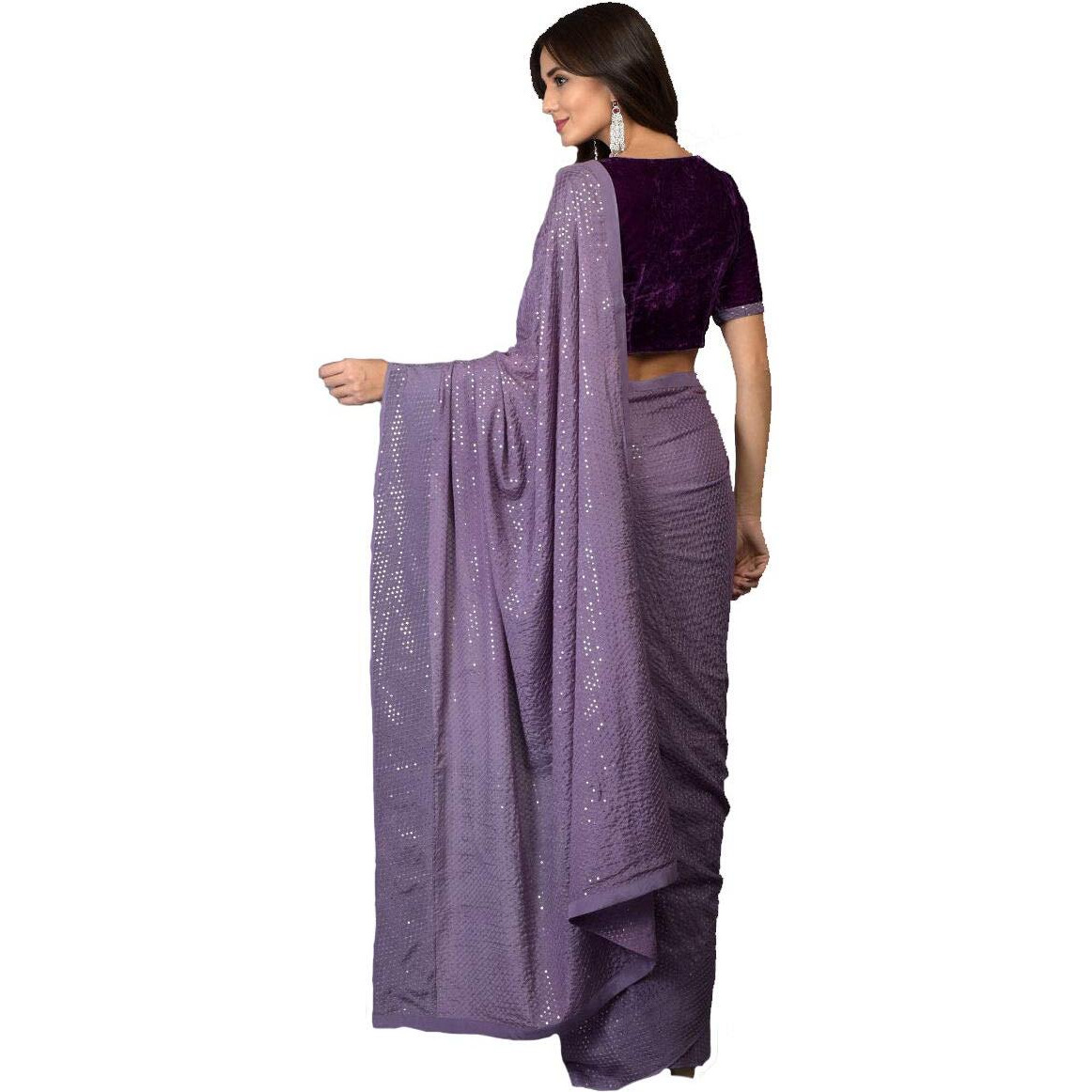 PristiveFashionHub Women's Pure Georgette Sequence Saree With Un-Stiched Blouse Piece (Purple)