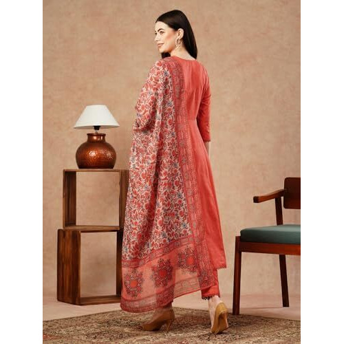 ANNI DESIGNER Women's Cotton Blend Anarkali Solid Kurta with Pant & Dupatta (UTSAV PEACH-FKA_XXL_Peach_XX-Large)
