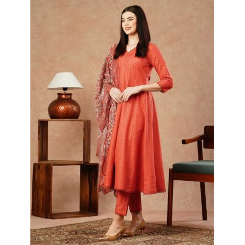 ANNI DESIGNER Women's Cotton Blend Anarkali Solid Kurta with Pant & Dupatta (UTSAV PEACH-FKA_XXL_Peach_XX-Large)