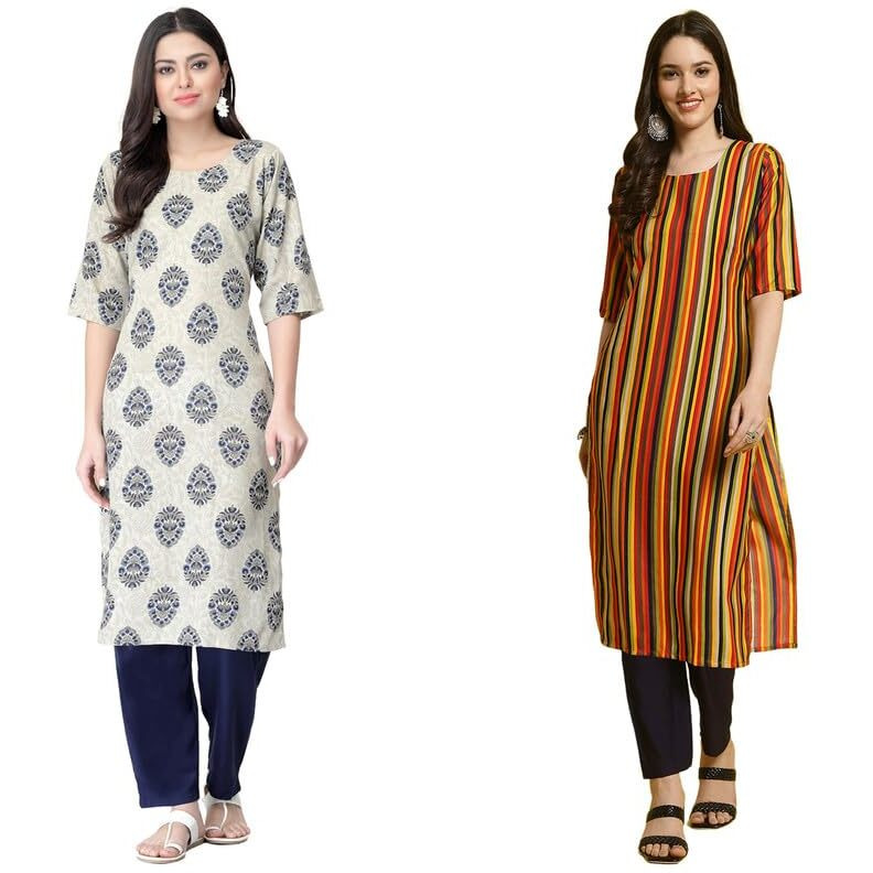Pinkmint Straight Printed Kurti Party WERA Kurti Kurta Pant Set (Pack of 2) Blue-Orange