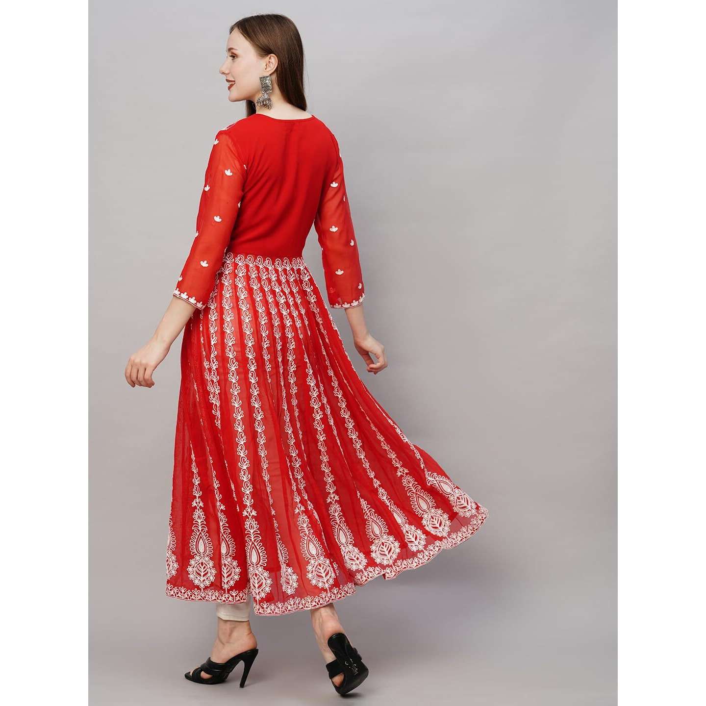 ANNI DESIGNER Women's Georgette Chikankari Embroidered Anarkali Kurti (Kari Red-GRT_L_Red_Large)
