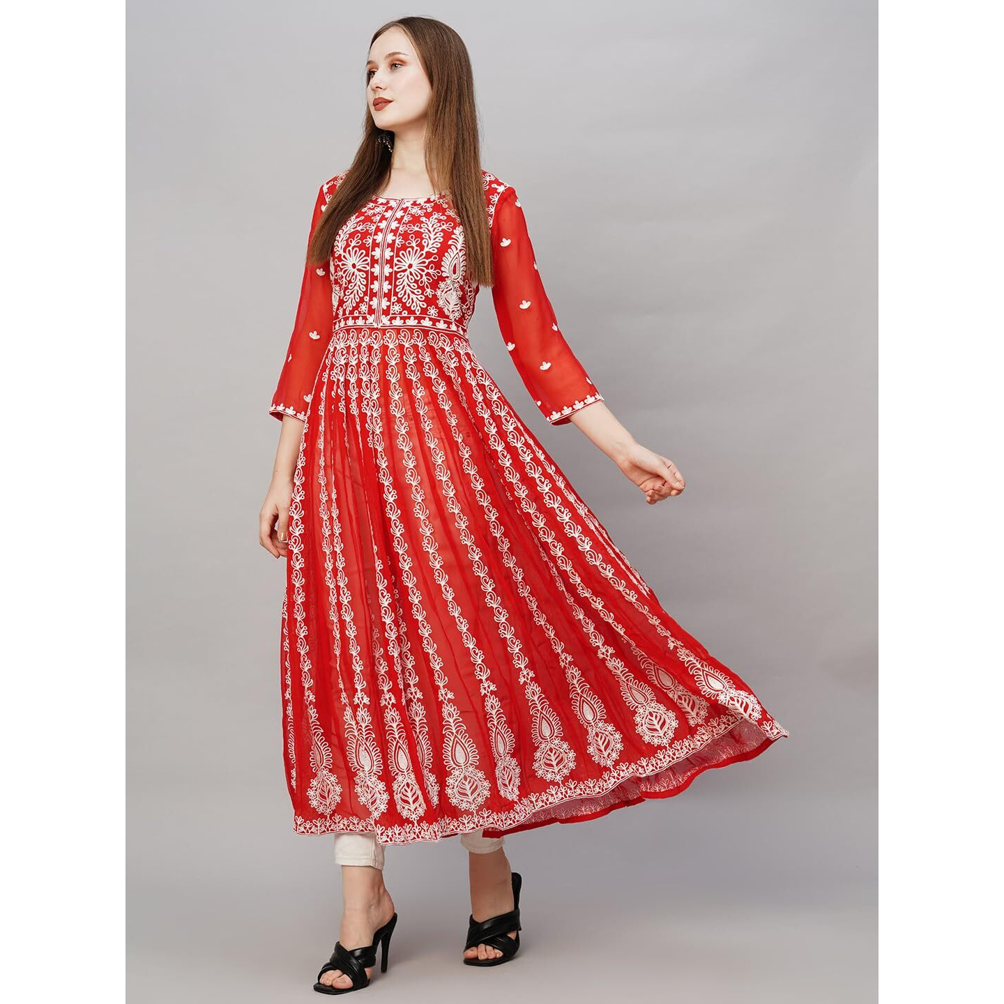 ANNI DESIGNER Women's Georgette Chikankari Embroidered Anarkali Kurti (Kari Red-GRT_L_Red_Large)