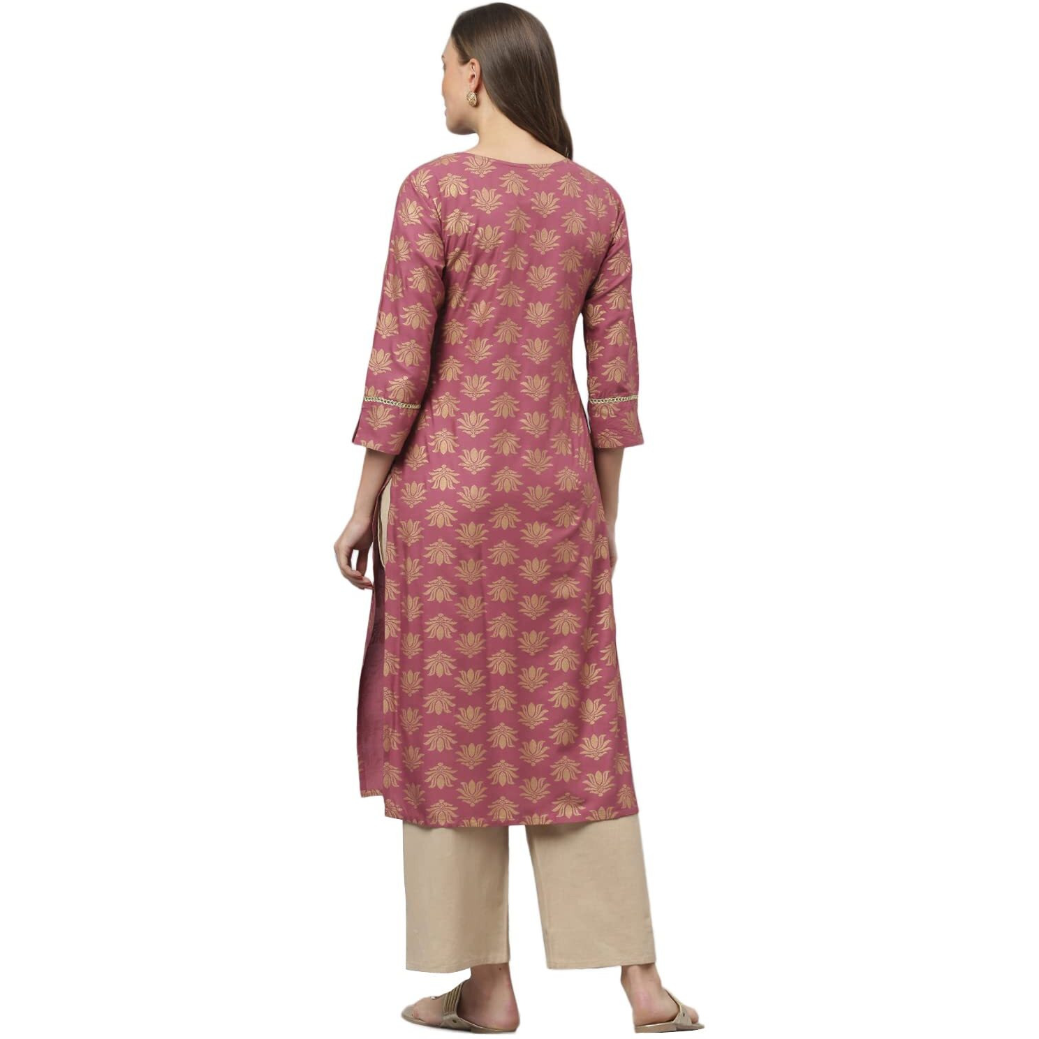 Stylum Women's Gold Printed Rayon Straight Kurta (TORUWINE40_Wine, L)