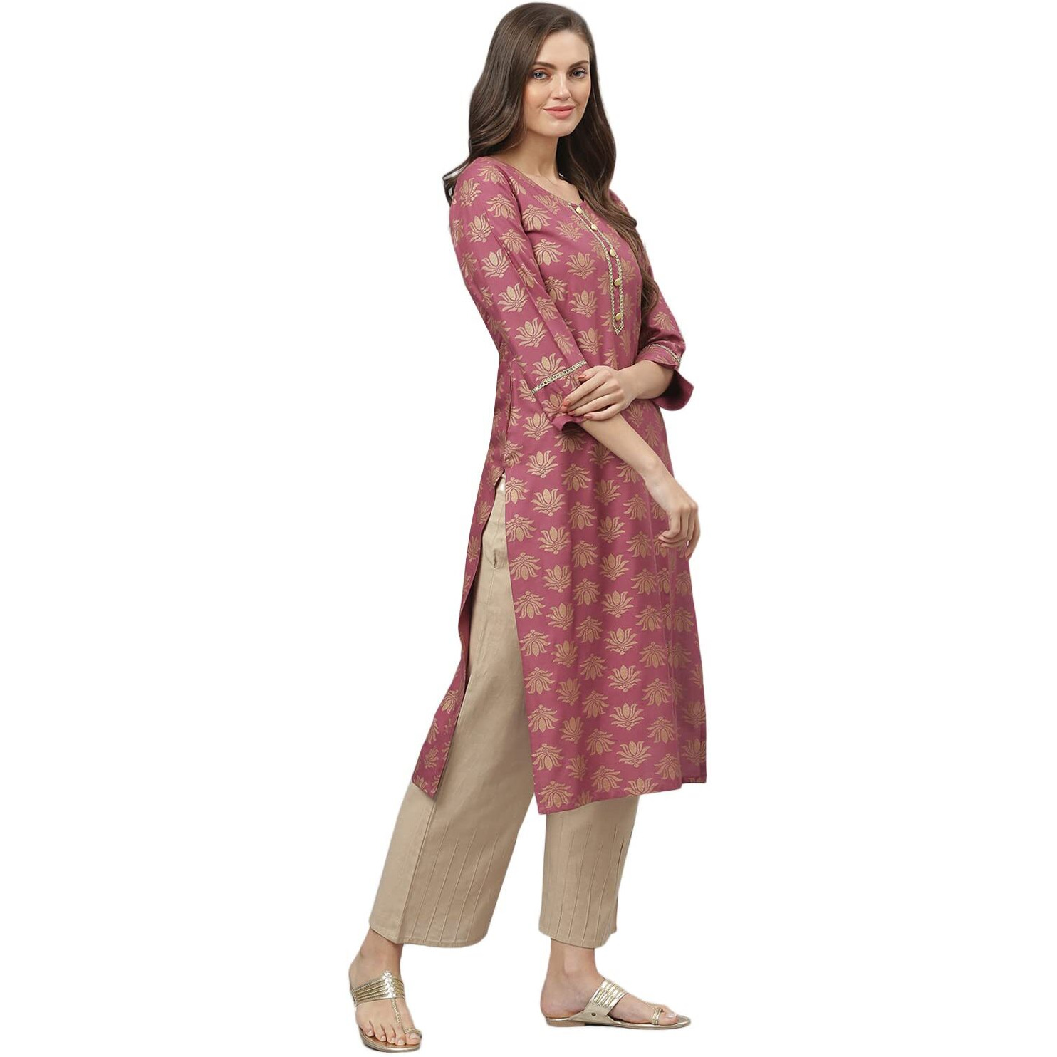 Stylum Women's Gold Printed Rayon Straight Kurta (TORUWINE40_Wine, L)