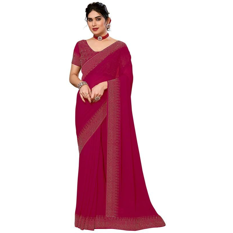 Satrani Women's Georgette Hot Fixing Saree with Unstitched Blouse Piece (3320S151N_Rani Pink)