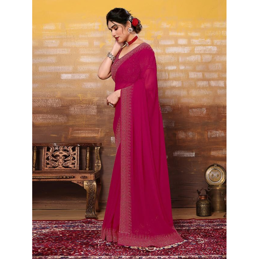 Satrani Women's Georgette Hot Fixing Saree with Unstitched Blouse Piece (3320S151N_Rani Pink)