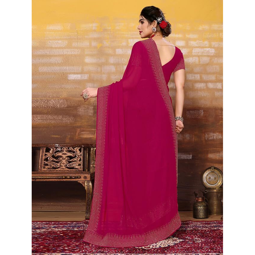 Satrani Women's Georgette Hot Fixing Saree with Unstitched Blouse Piece (3320S151N_Rani Pink)