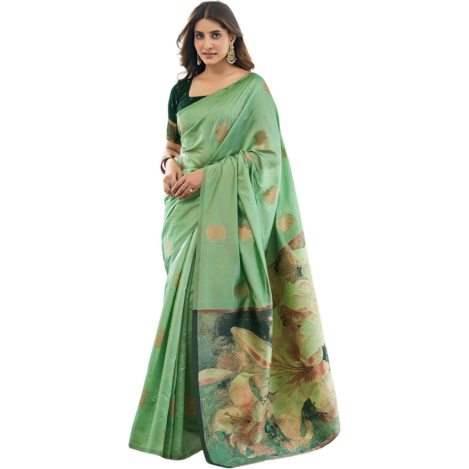 SWARON Women's Banarasi Jacquard Kanjivaram Silk Saree with Unstitched Blouse Piece (3696S101NW_Pista Green1)
