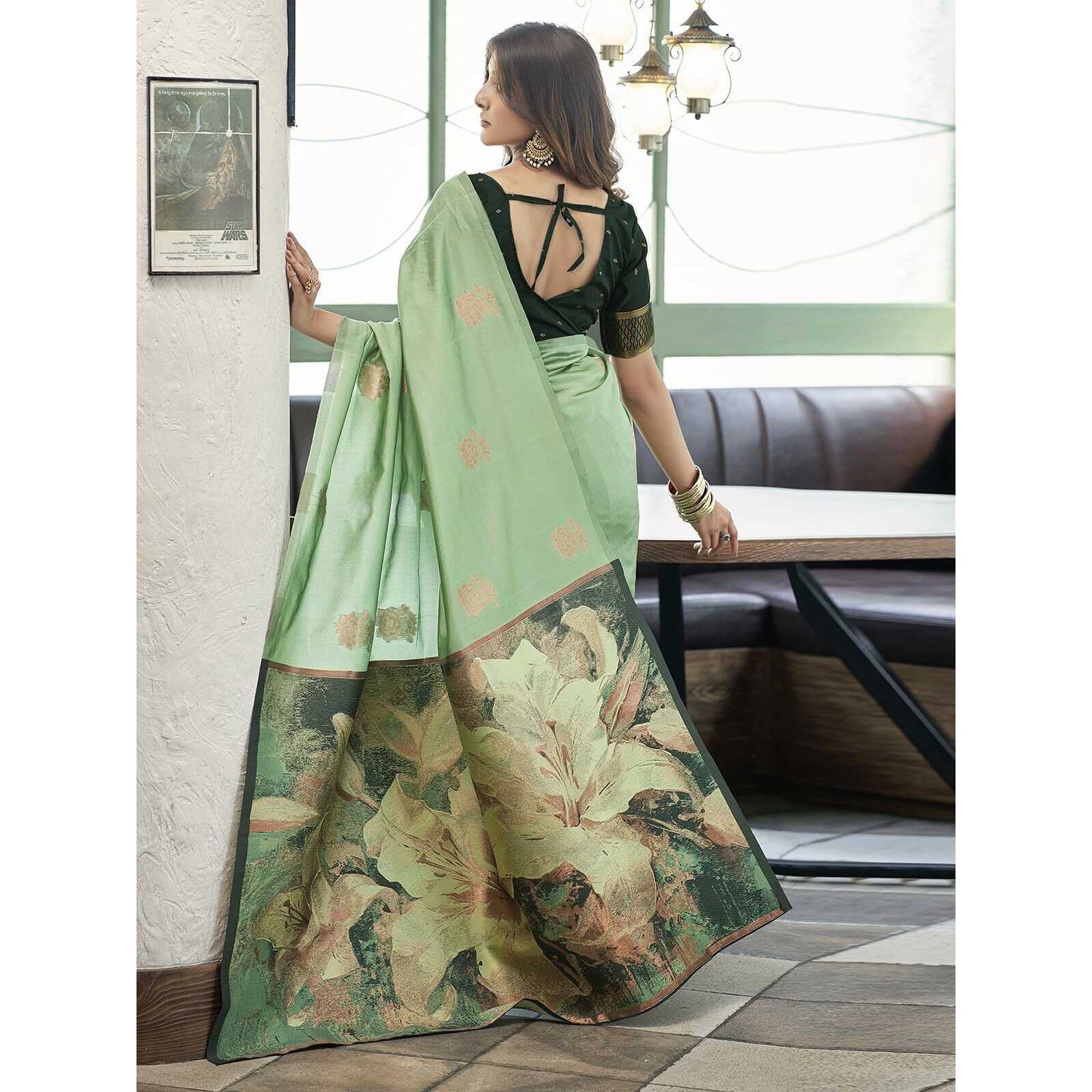 SWARON Women's Banarasi Jacquard Kanjivaram Silk Saree with Unstitched Blouse Piece (3696S101NW_Pista Green1)