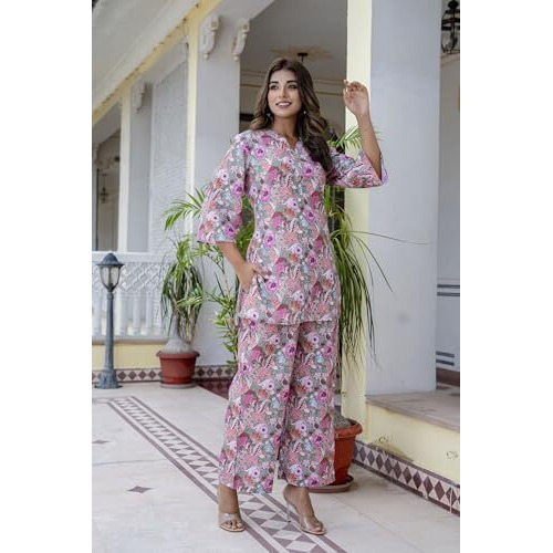 LookMark Women's Trendy Printed Cotton Blend Straight Rama Color Kurta and Palazzo Set (AZ-LM-P1-KS2075 RAMA-S)