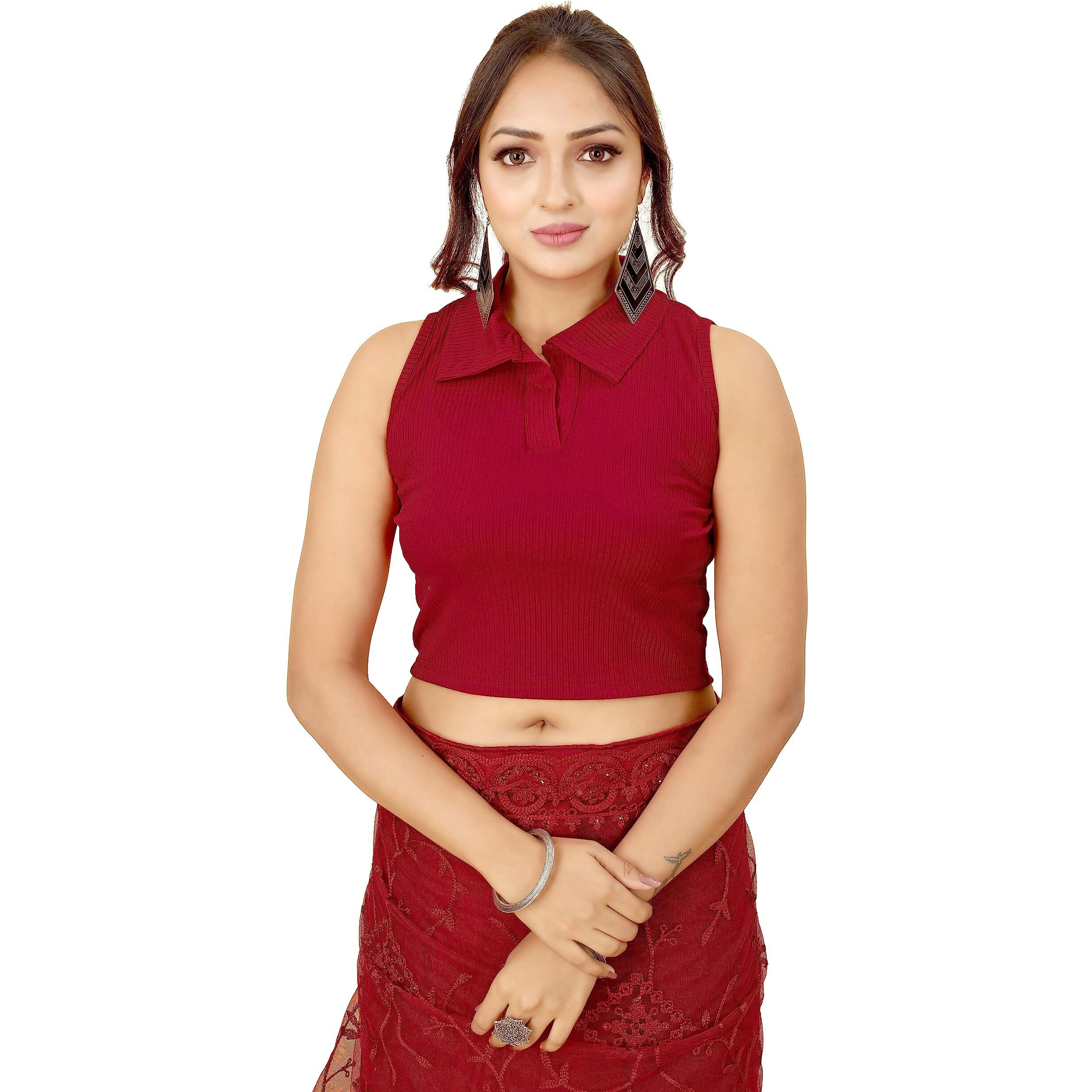 Shasmi Women's & Girls' Solid Ribbed Polo Club Collar Sleeveless Slim Fit Simplicity Blouse for Women (Blouse 49 Maroon XS)