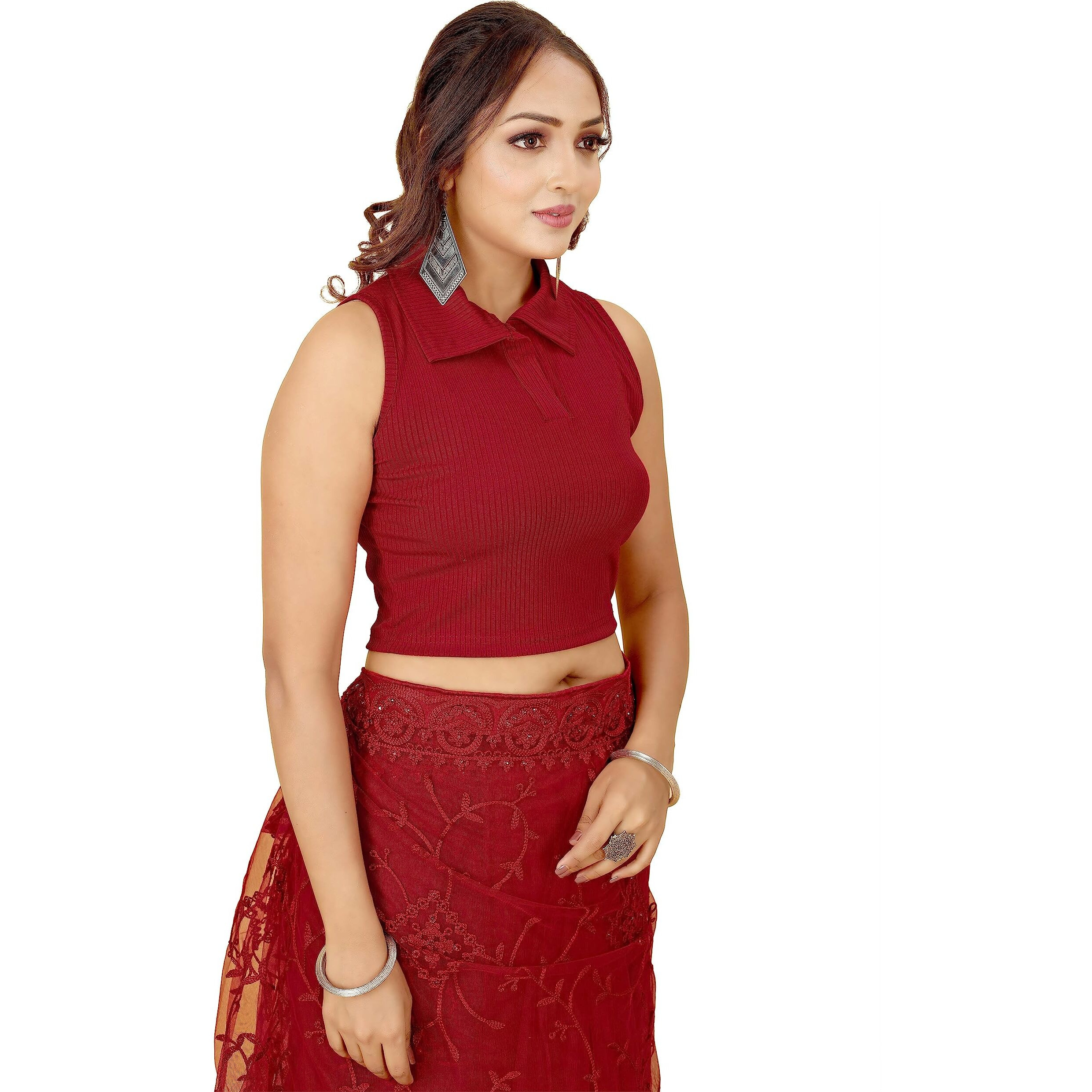 Shasmi Women's & Girls' Solid Ribbed Polo Club Collar Sleeveless Slim Fit Simplicity Blouse for Women (Blouse 49 Maroon XS)