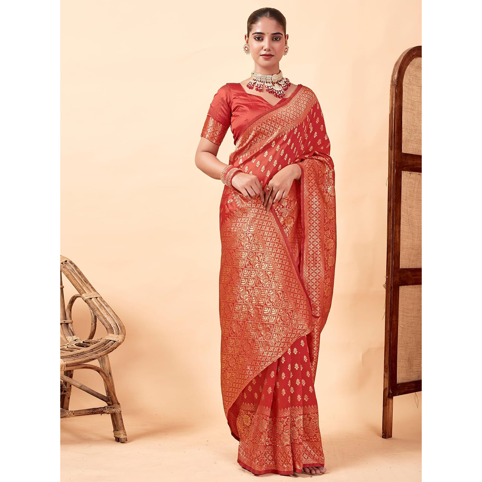 SAMAH Women's Woven Art Silk Saree (3589S232N_Red1)