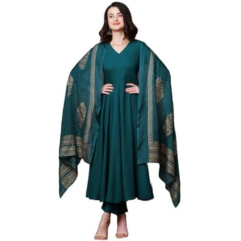 ANNI DESIGNER Women's Rayon Blend Solid Anarkali Kurta with Pant & Dupatta (Magic-KEROSIN-NDM_XXL_Dark Blue_XX-Large)