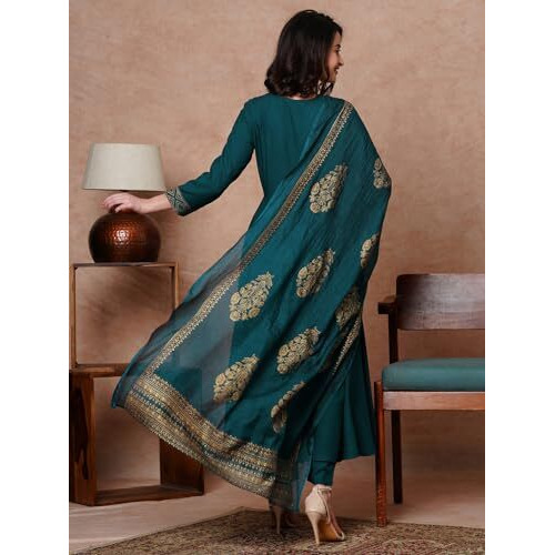 ANNI DESIGNER Women's Rayon Blend Solid Anarkali Kurta with Pant & Dupatta (Magic-KEROSIN-NDM_XXL_Dark Blue_XX-Large)