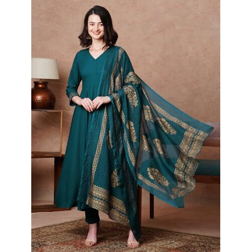 ANNI DESIGNER Women's Rayon Blend Solid Anarkali Kurta with Pant & Dupatta (Magic-KEROSIN-NDM_XXL_Dark Blue_XX-Large)
