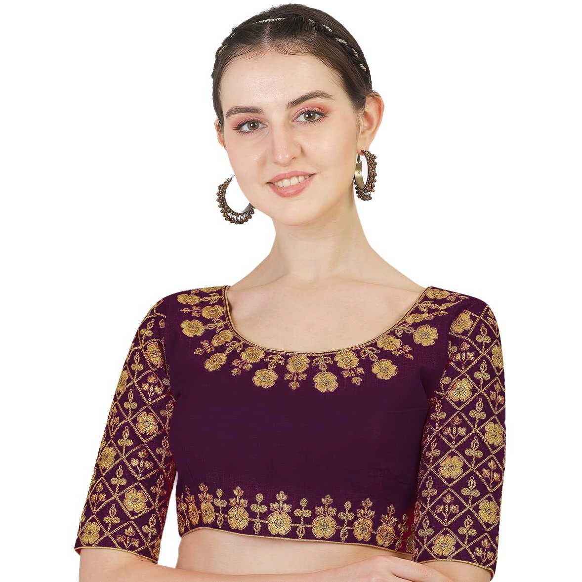 Pujia Mills Women's Phantom Silk Floral Half Sleeve Saree Blouse (MBB_Purple_38 Size+Margin)