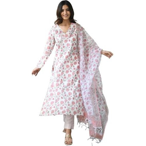 ANNI DESIGNER Women's Cotton Blend Straight Printed Kurta with Pant & Dupatta (Mogri White_L_White_Large)
