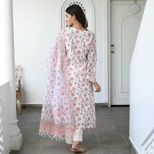 ANNI DESIGNER Women's Cotton Blend Straight Printed Kurta with Pant & Dupatta (Mogri White_L_White_Large)