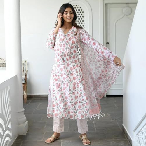 ANNI DESIGNER Women's Cotton Blend Straight Printed Kurta with Pant & Dupatta (Mogri White_L_White_Large)