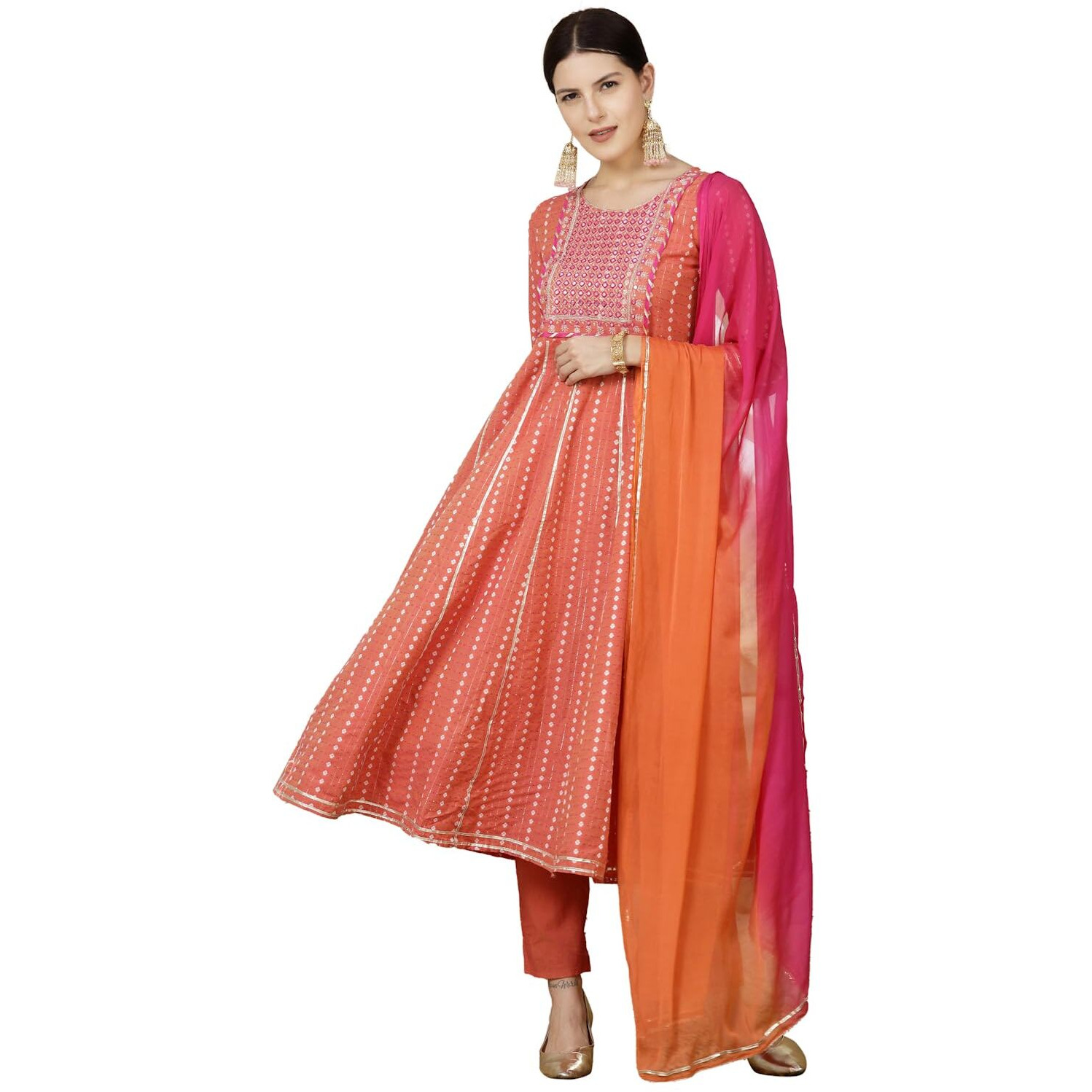 Stylum Women's Woven Designed & Embroidered Cotton Blend Anarkali Kurta Pant Dupatta Set (KPDCORALVISA36_Coral, S)