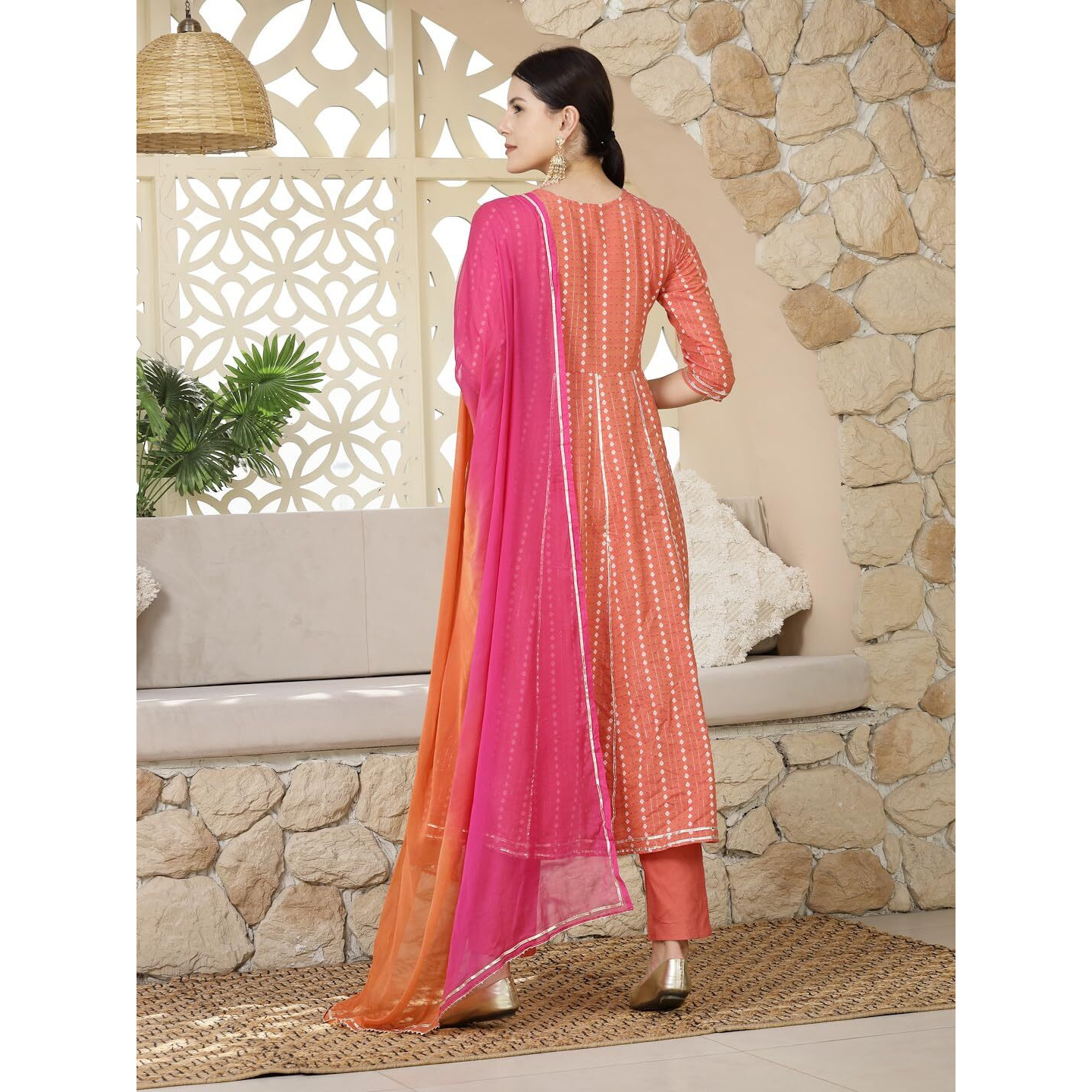 Stylum Women's Woven Designed & Embroidered Cotton Blend Anarkali Kurta Pant Dupatta Set (KPDCORALVISA36_Coral, S)