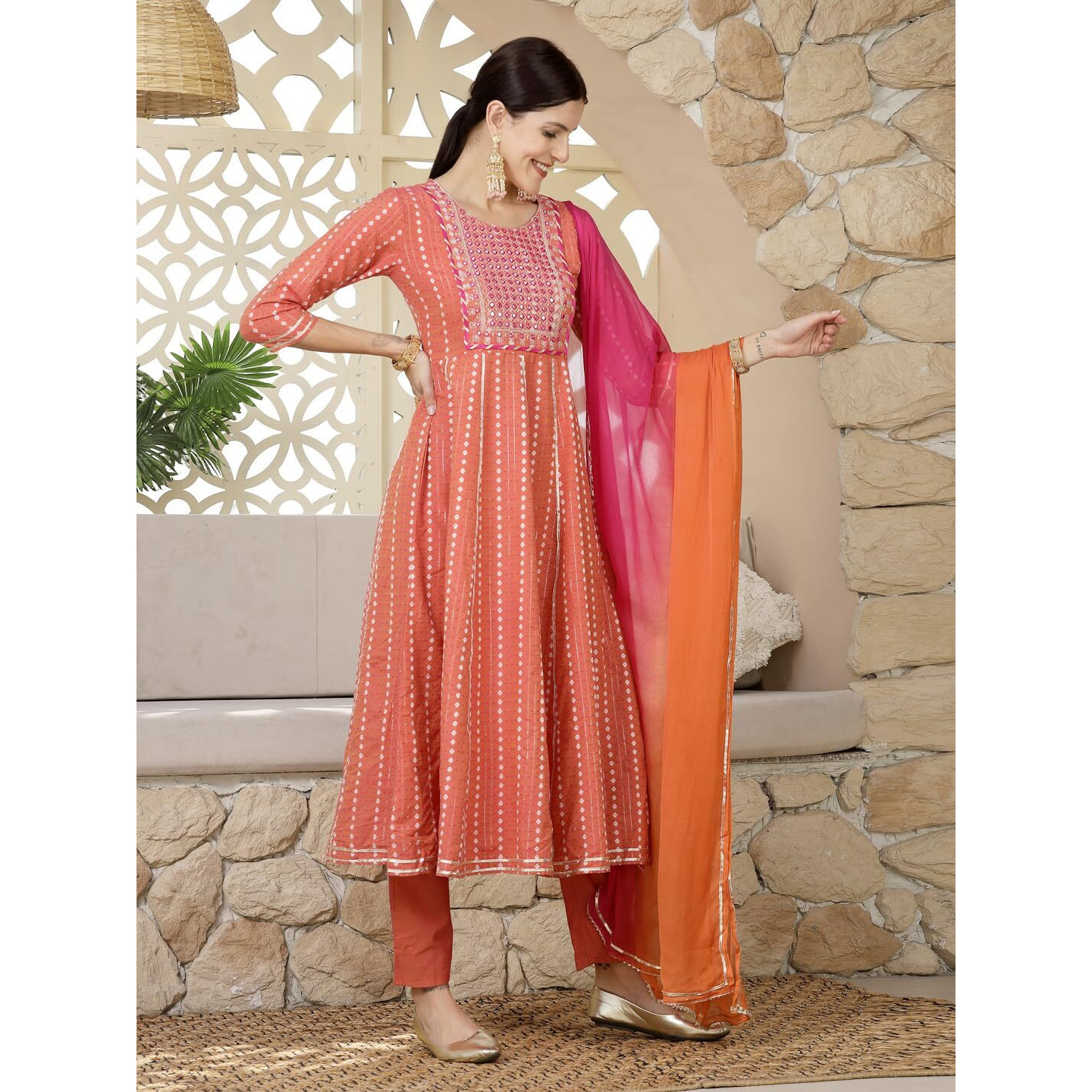 Stylum Women's Woven Designed & Embroidered Cotton Blend Anarkali Kurta Pant Dupatta Set (KPDCORALVISA36_Coral, S)