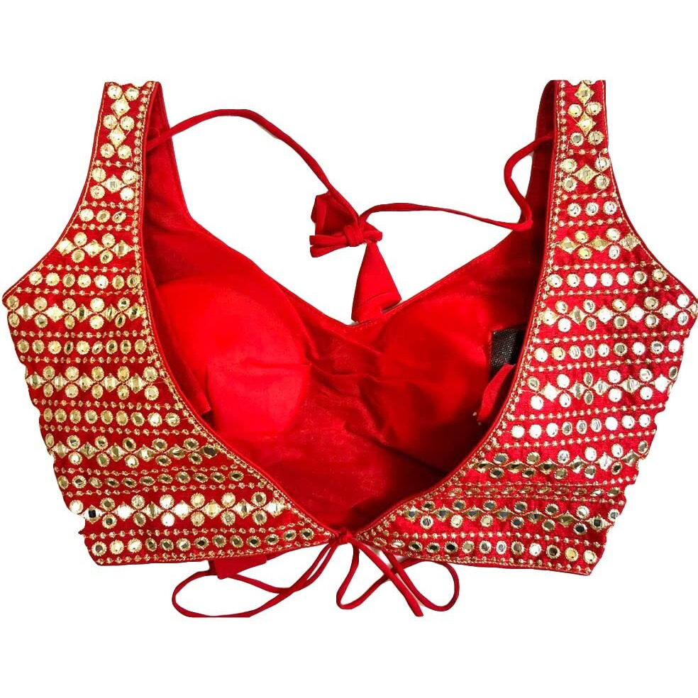 Vihu Fashion Womens Readymade Sweetheart Neck Sleeveless Mirror Saree Blouse.(Paper Foil Red_38)