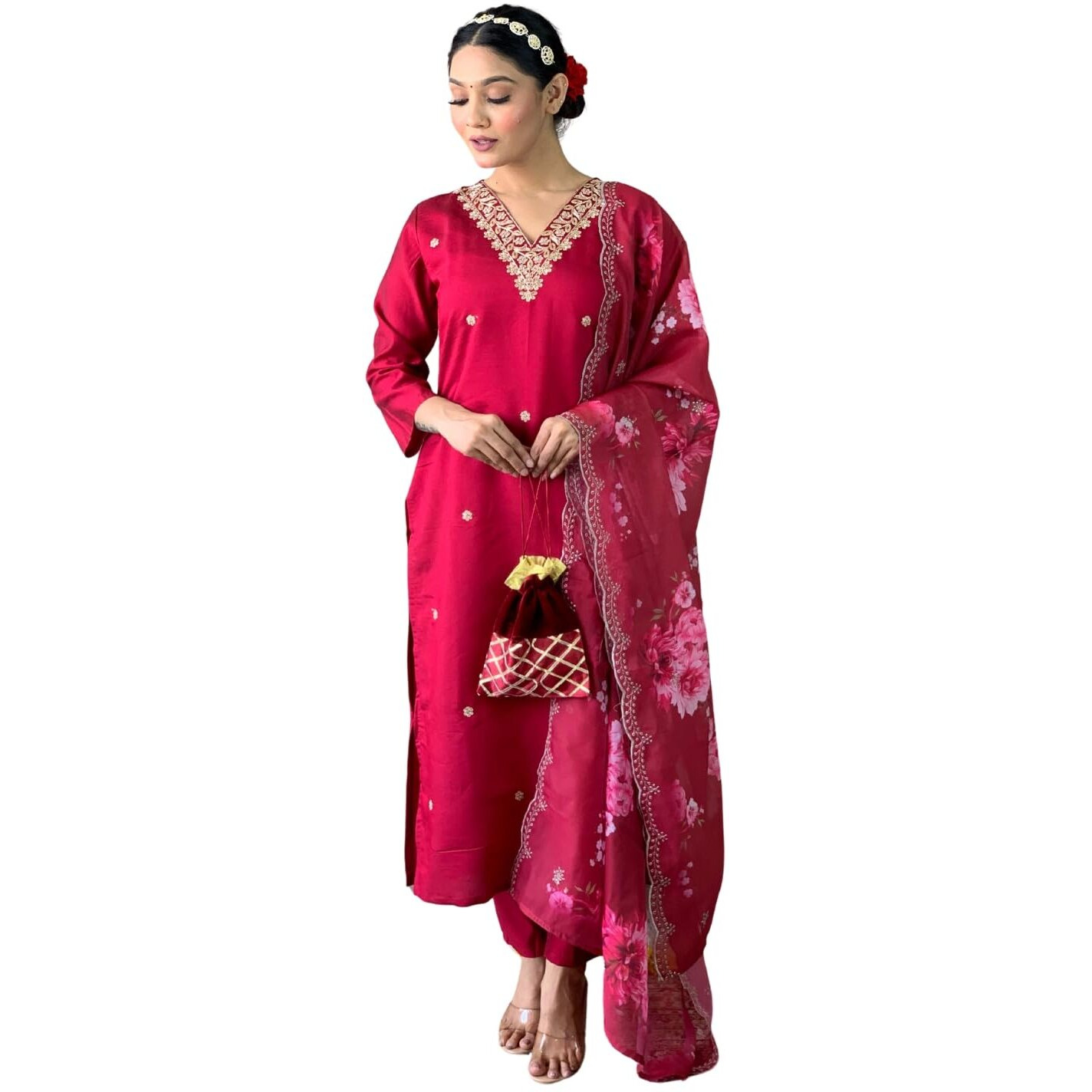 Naixa Women's Red Viscose Silk Embroidered Straight Kurta with Viscose Silk Pant and Organza Printed Dupatta Sets (NX-S-Leela-Red-XXL)