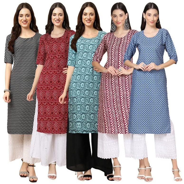 Pinkmint Women's Crepe Digital Print Straight Kurta [Pack of 5](SV-377-374-378-347-367-XL)