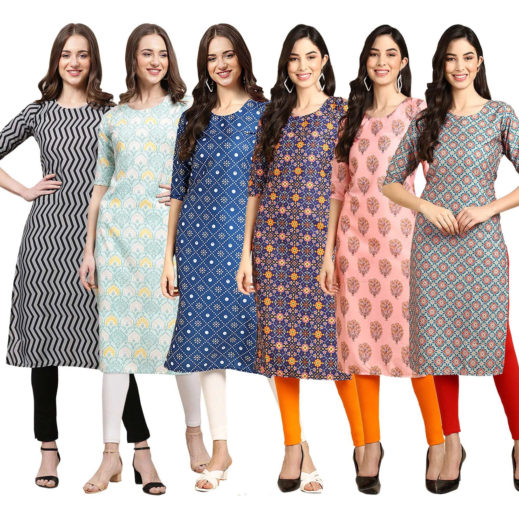 Pinkmint Women's Crepe Digital Print Straight Kurta Pack of 6 [CR-336-343-353-369-368-372-XXL]