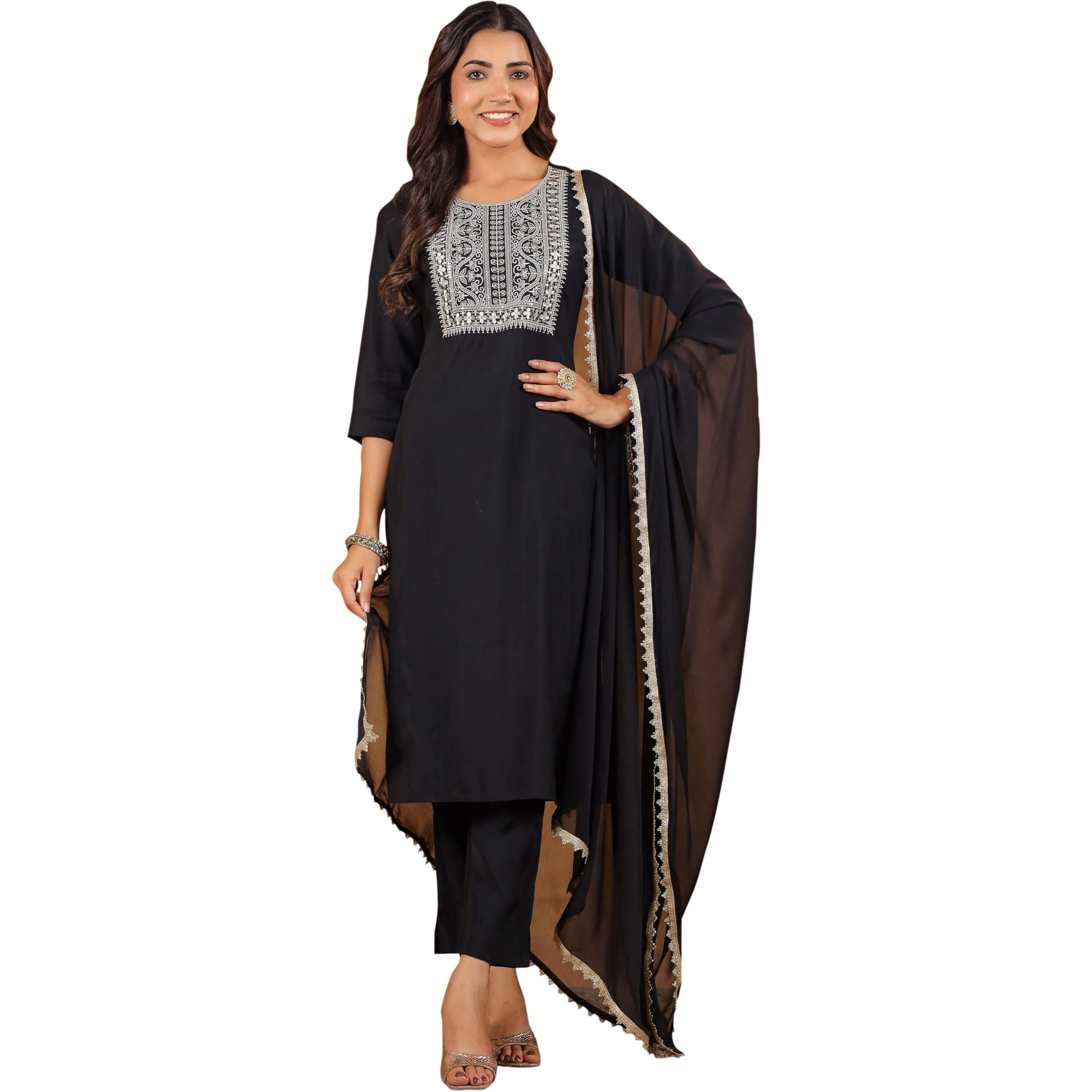 Janasya Women's Black Chanderi Silk Yoke Embroidered Straight Kurta Set (JAB24ST00967-XS)