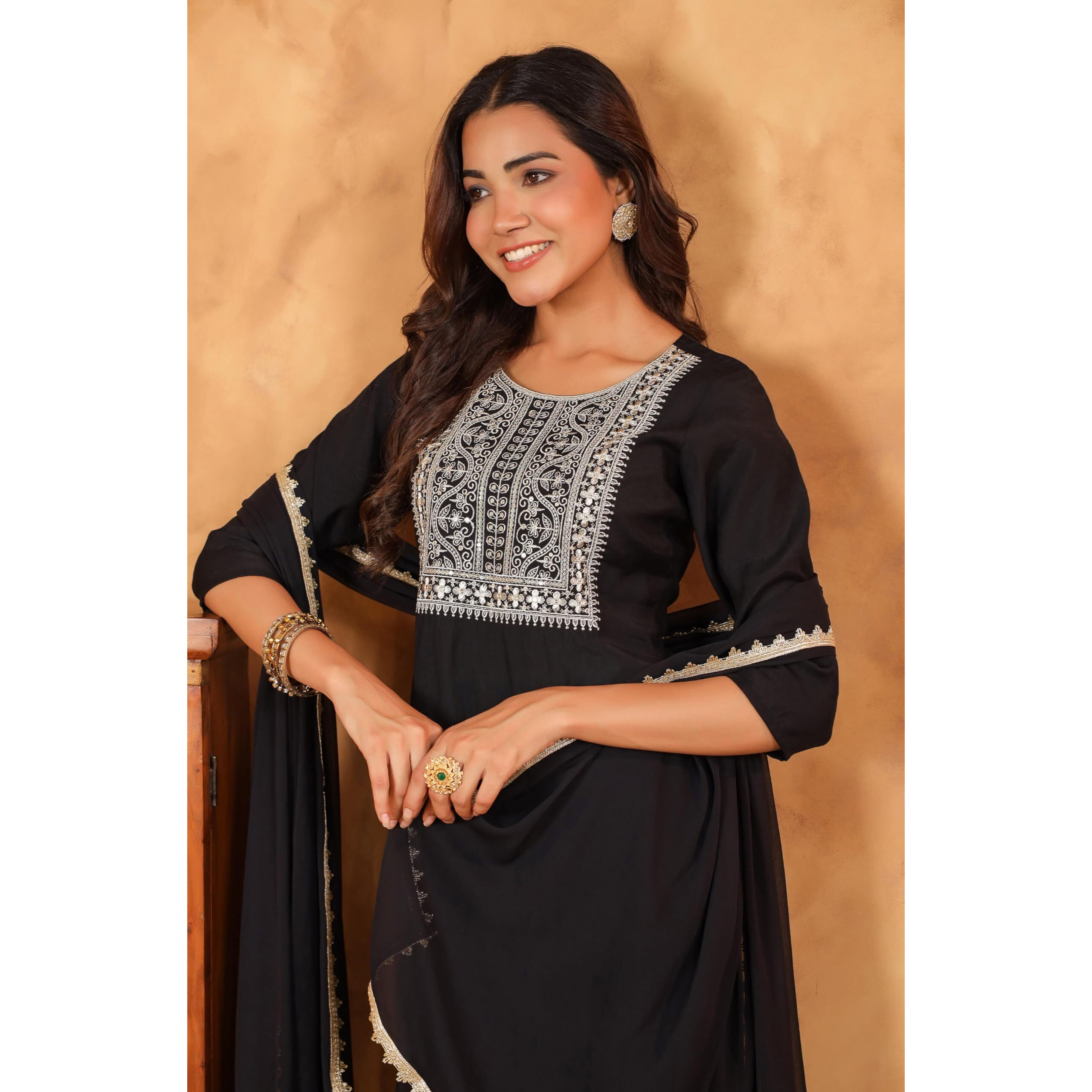 Janasya Women's Black Chanderi Silk Yoke Embroidered Straight Kurta Set (JAB24ST00967-XS)